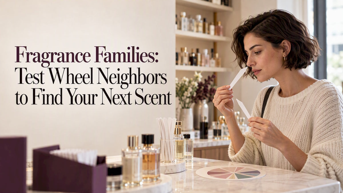 Shopper comparing perfume strips beside a fragrance wheel
