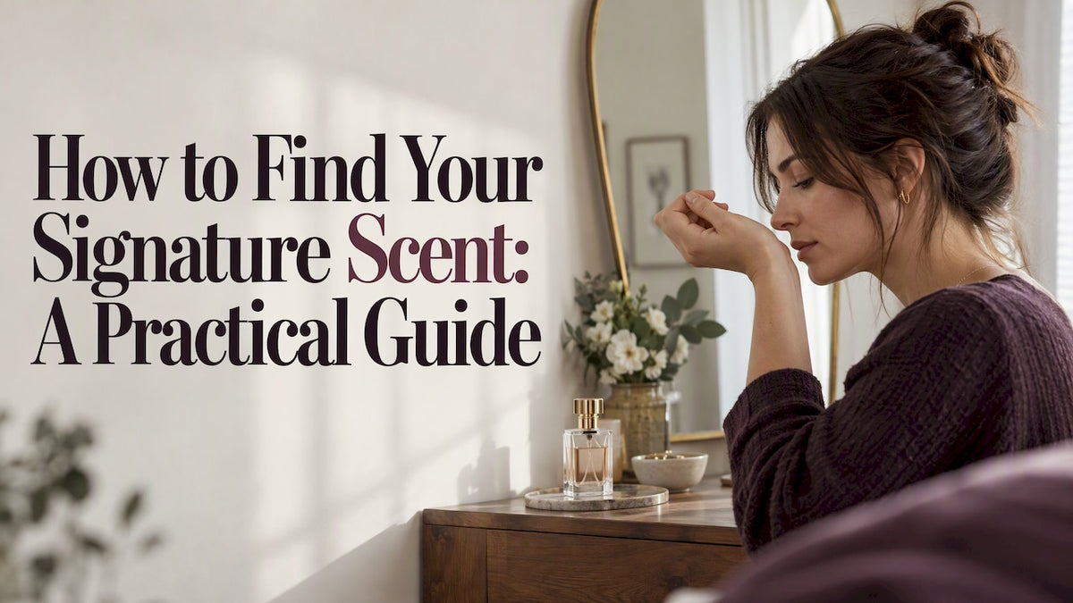 Woman testing fragrance on her wrist at home