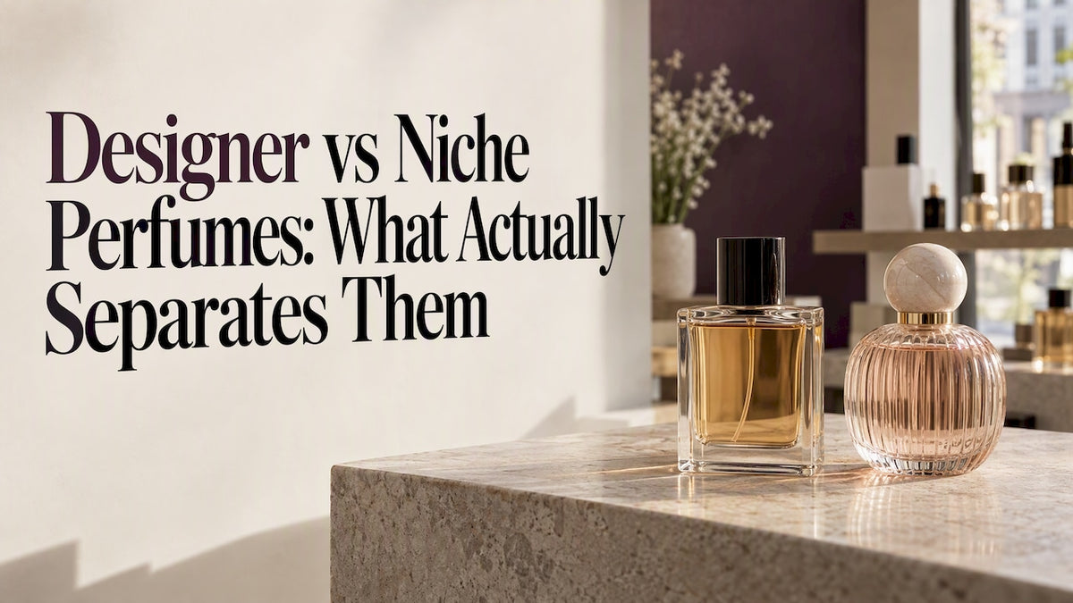 Two perfume bottles on a quiet retail shelf