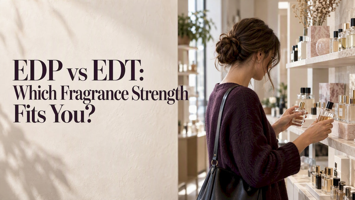 Shopper choosing fragrance at a boutique shelf
